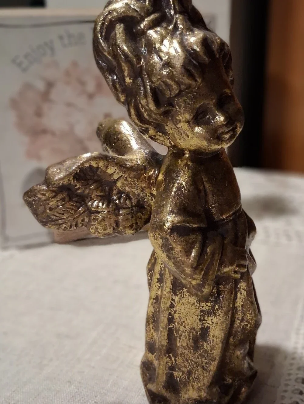 VTG Angel Cherub Figurine Statue Molded Plaster/Resin Gold Gilt Christmas Decor